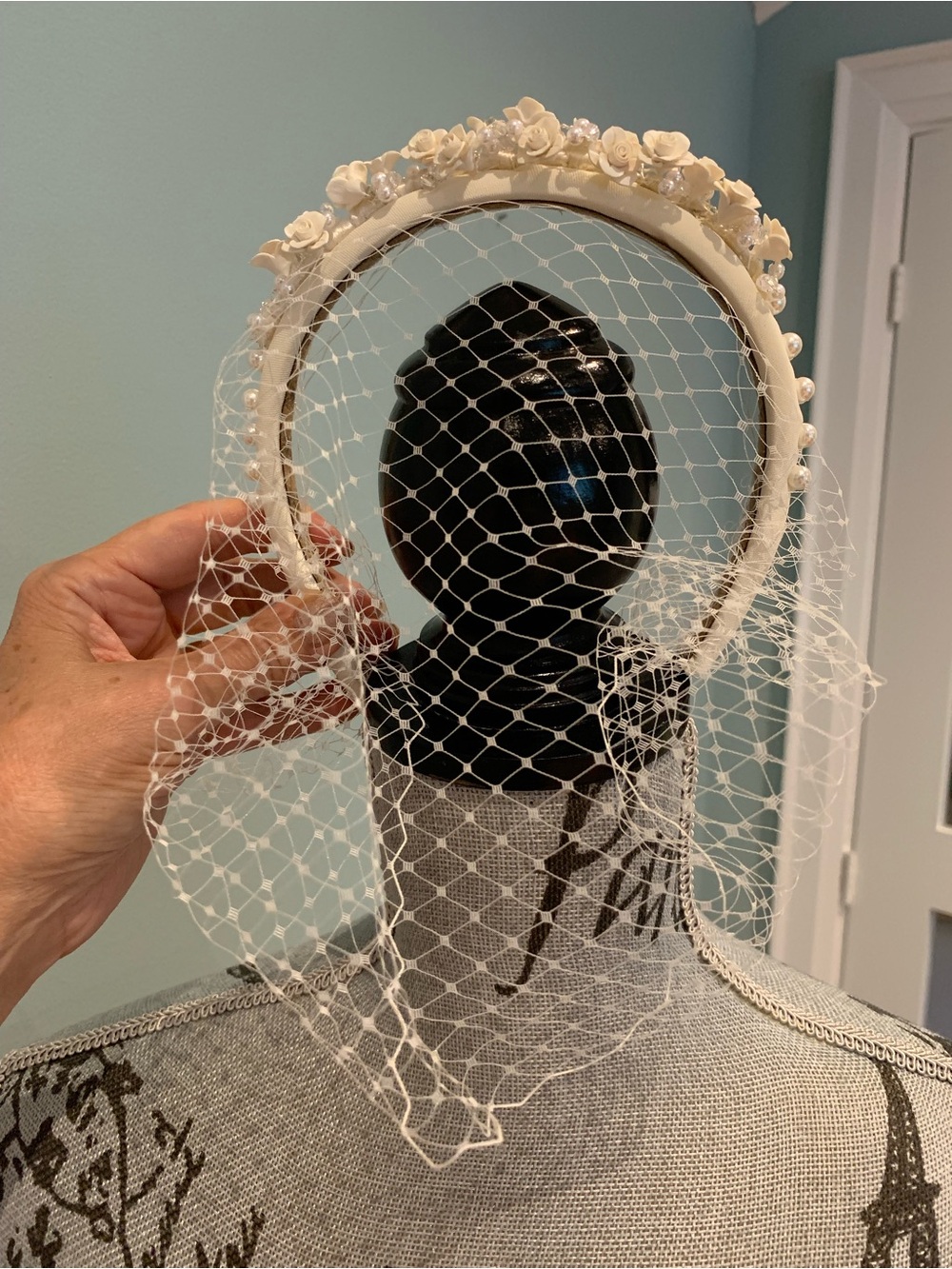 Source Unknown Ivory Floral Headband with Birdcage Veil